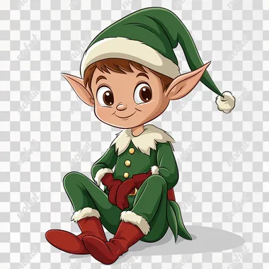 a cartoon christmas elf in luxury clothes in the sitting position on white background --s 250