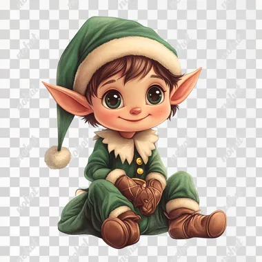 a cartoon christmas elf in luxury clothes in the sitting position on white background --s 250