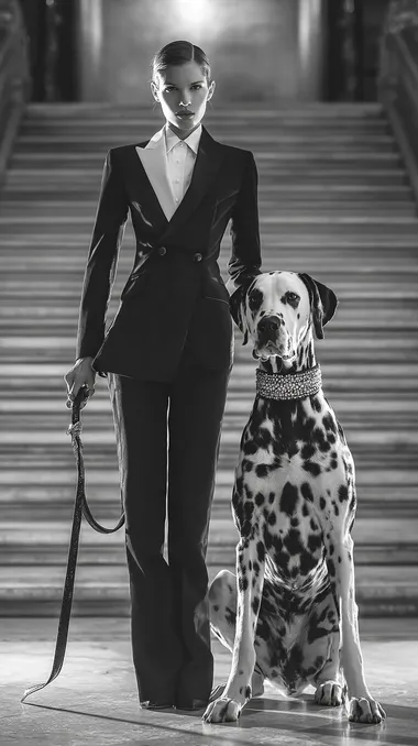 A sophisticated high-fashion model wearing an avant-garde tuxedo-inspired couture look: sleek black tailored tuxedo pants, a sculptural asymmetrical tuxedo top with a crisp white shirt on one side and a dramatic black lapel that crosses diagonally over the chest, fastening elegantly at the side waist. She stands on the grand staircase of the MET Opera in New York, confidently holding the diamond-studded leash of a colossal Dalmatian dog. The Dalmatian is towering over the model, massive and majestic, with a sparkling diamond collar. The contrast between the models black-and-white ensemble and the Dalmatians spotted coat creates a striking visual. Shot in rich monochrome, cinematic fashion editorial, full-body shot, straight-on angle, dramatic spotlight and subtle backlighting, 50mm lens, hyper-realistic textures, ultra-detailed diamonds and fur, luxury magazine aesthetic, surreal scale emphasizing the oversized dog.
