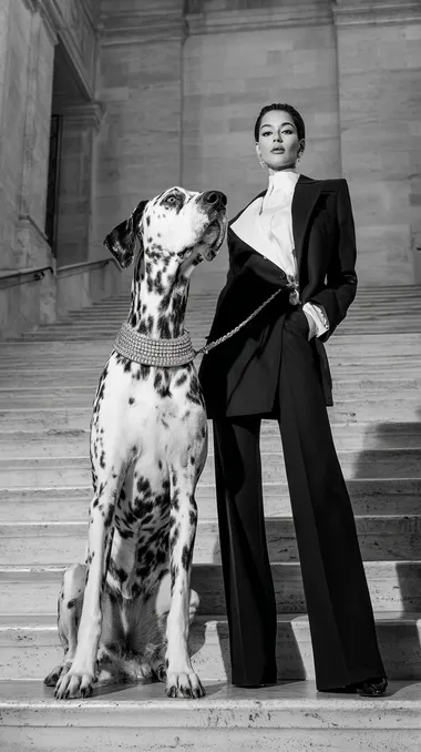 A sophisticated high-fashion model wearing an avant-garde tuxedo-inspired couture look: sleek black tailored tuxedo pants, a sculptural asymmetrical tuxedo top with a crisp white shirt on one side and a dramatic black lapel that crosses diagonally over the chest, fastening elegantly at the side waist. She stands on the grand staircase of the MET Opera in New York, confidently holding the diamond-studded leash of a colossal Dalmatian dog. The Dalmatian is towering over the model, massive and majestic, with a sparkling diamond collar. The contrast between the models black-and-white ensemble and the Dalmatians spotted coat creates a striking visual. Shot in rich monochrome, cinematic fashion editorial, full-body shot, straight-on angle, dramatic spotlight and subtle backlighting, 50mm lens, hyper-realistic textures, ultra-detailed diamonds and fur, luxury magazine aesthetic, surreal scale emphasizing the oversized dog.