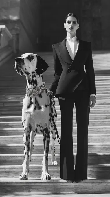 A sophisticated high-fashion model wearing an avant-garde tuxedo-inspired couture look: sleek black tailored tuxedo pants, a sculptural asymmetrical tuxedo top with a crisp white shirt on one side and a dramatic black lapel that crosses diagonally over the chest, fastening elegantly at the side waist. She stands on the grand staircase of the MET Opera in New York, confidently holding the diamond-studded leash of a colossal Dalmatian dog. The Dalmatian is towering over the model, massive and majestic, with a sparkling diamond collar. The contrast between the models black-and-white ensemble and the Dalmatians spotted coat creates a striking visual. Shot in rich monochrome, cinematic fashion editorial, full-body shot, straight-on angle, dramatic spotlight and subtle backlighting, 50mm lens, hyper-realistic textures, ultra-detailed diamonds and fur, luxury magazine aesthetic, surreal scale emphasizing the oversized dog.