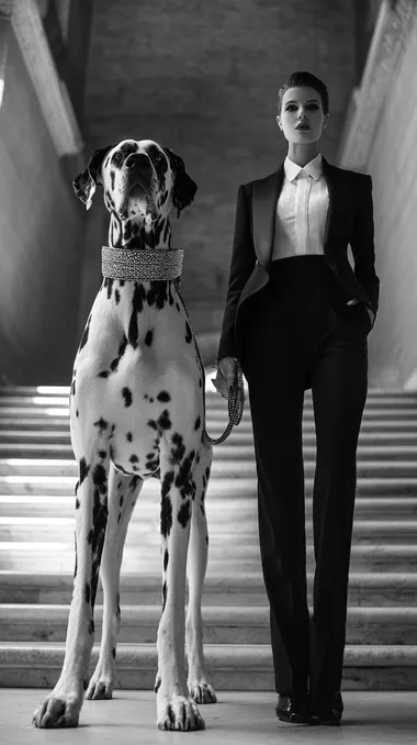 A sophisticated high-fashion model wearing an avant-garde tuxedo-inspired couture look: sleek black tailored tuxedo pants, a sculptural asymmetrical tuxedo top with a crisp white shirt on one side and a dramatic black lapel that crosses diagonally over the chest, fastening elegantly at the side waist. She stands on the grand staircase of the MET Opera in New York, confidently holding the diamond-studded leash of a colossal Dalmatian dog. The Dalmatian is towering over the model, massive and majestic, with a sparkling diamond collar. The contrast between the models black-and-white ensemble and the Dalmatians spotted coat creates a striking visual. Shot in rich monochrome, cinematic fashion editorial, full-body shot, straight-on angle, dramatic spotlight and subtle backlighting, 50mm lens, hyper-realistic textures, ultra-detailed diamonds and fur, luxury magazine aesthetic, surreal scale emphasizing the oversized dog.