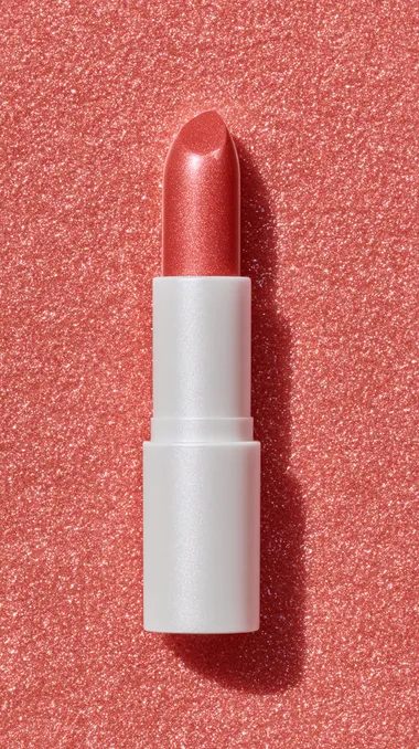 Close-up of a coral-toned lipstick in a white plastic tube, surrounded by soft glossy foam, direct flash creating dramatic shine and contrast, sun-kissed aesthetic with glowing surface, minimalist muted background, editorial product photography with a raw, lo-fi luxurious vibe and bold texture   --exp 50 --raw rofile a7fuy8m