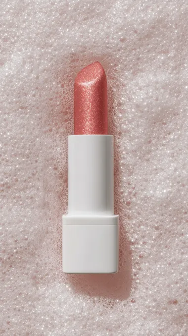 Close-up of a coral-toned lipstick in a white plastic tube, surrounded by soft glossy foam, direct flash creating dramatic shine and contrast, sun-kissed aesthetic with glowing surface, minimalist muted background, editorial product photography with a raw, lo-fi luxurious vibe and bold texture   --exp 50 --raw rofile a7fuy8m