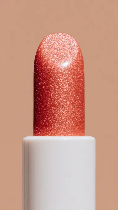 Close-up of a coral-toned lipstick in a white plastic tube, surrounded by soft glossy foam, direct flash creating dramatic shine and contrast, sun-kissed aesthetic with glowing surface, minimalist muted background, editorial product photography with a raw, lo-fi luxurious vibe and bold texture   --exp 50 --raw rofile a7fuy8m