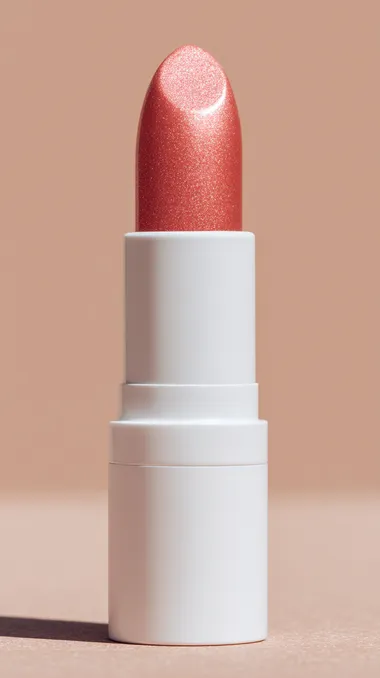 Close-up of a coral-toned lipstick in a white plastic tube, surrounded by soft glossy foam, direct flash creating dramatic shine and contrast, sun-kissed aesthetic with glowing surface, minimalist muted background, editorial product photography with a raw, lo-fi luxurious vibe and bold texture   --exp 50 --raw rofile a7fuy8m