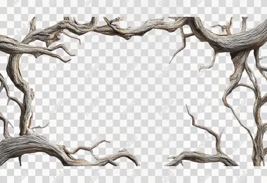 Ultra-realistic, photorealistic photo. Rectangular frame 16:9, made of curled tree branches. White background.