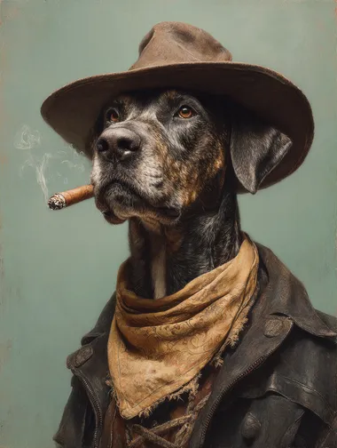 front view of a dog smoking a cigar in cowboy outfit from the wild west, in the style of christopher ryan mckenney, light green background, realistic portraitures, tom chambers, guillem h. pongiluppi, meticulous detail, grandiose portraits  --s 170