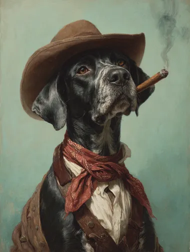 front view of a dog smoking a cigar in cowboy outfit from the wild west, in the style of christopher ryan mckenney, light green background, realistic portraitures, tom chambers, guillem h. pongiluppi, meticulous detail, grandiose portraits  --s 170