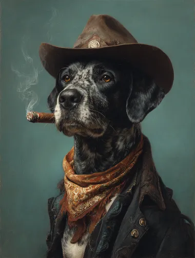 front view of a dog smoking a cigar in cowboy outfit from the wild west, in the style of christopher ryan mckenney, light green background, realistic portraitures, tom chambers, guillem h. pongiluppi, meticulous detail, grandiose portraits  --s 170