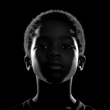 black boy head and neck looking forward to the camera, strong back lighting, silhouette dark face