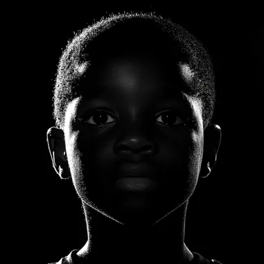 black boy head and neck looking forward to the camera, strong back lighting, silhouette dark face