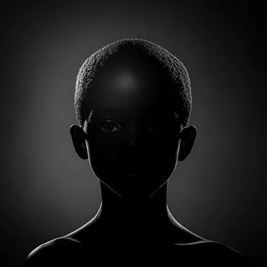 black boy head and neck looking forward to the camera, strong back lighting, silhouette dark face
