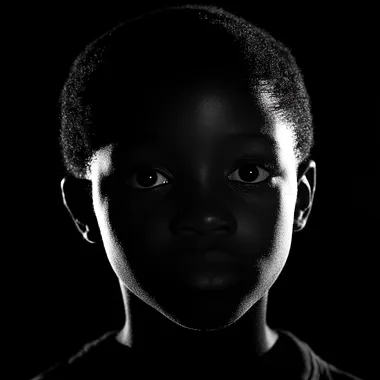 black boy head and neck looking forward to the camera, strong back lighting, silhouette dark face