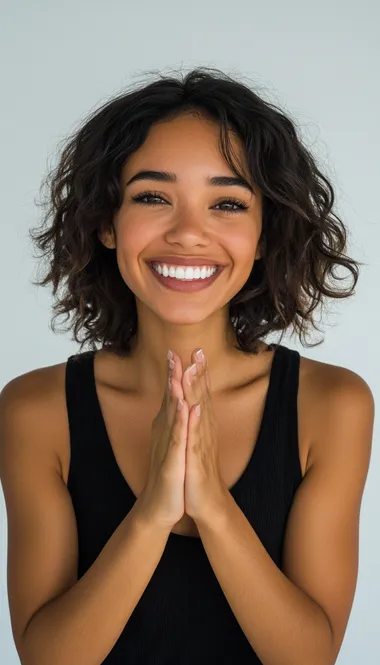 A beautiful woman with perfect teeth is smiling and showing her hands on a white background. This is a stock photo with a simple composition, showcasing feminine beauty. The photography is professional, with sharp focus and high resolution.