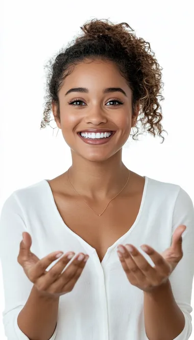 A beautiful woman with perfect teeth is smiling and showing her hands on a white background. This is a stock photo with a simple composition, showcasing feminine beauty. The photography is professional, with sharp focus and high resolution.