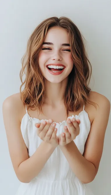 A beautiful woman with perfect teeth is smiling and showing her hands on a white background. This is a stock photo with a simple composition, showcasing feminine beauty. The photography is professional, with sharp focus and high resolution.