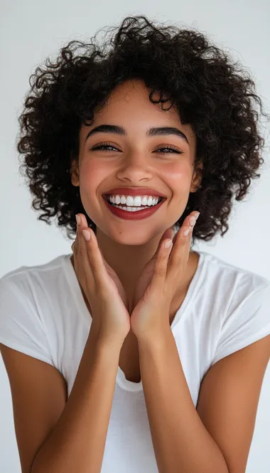 A beautiful woman with perfect teeth is smiling and showing her hands on a white background. This is a stock photo with a simple composition, showcasing feminine beauty. The photography is professional, with sharp focus and high resolution.