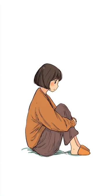 Draw an illustration of someone sitting on the bed with their head down, wearing brown and slippers, in simple strokes.The pure white background . It has a cute anime-style, with a young girl's face in profile, short hair, and hands folded behind her back. She appears to be sad or depressed.  --s 50