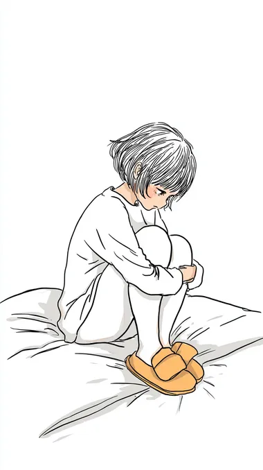 Draw an illustration of someone sitting on the bed with their head down, wearing brown and slippers, in simple strokes.The pure white background . It has a cute anime-style, with a young girl's face in profile, short hair, and hands folded behind her back. She appears to be sad or depressed.  --s 50