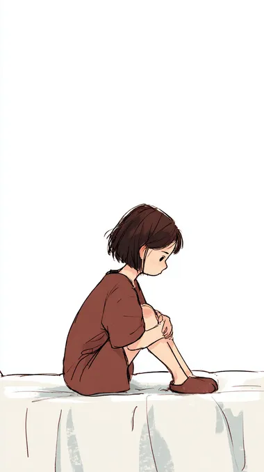 Draw an illustration of someone sitting on the bed with their head down, wearing brown and slippers, in simple strokes.The pure white background . It has a cute anime-style, with a young girl's face in profile, short hair, and hands folded behind her back. She appears to be sad or depressed.  --s 50