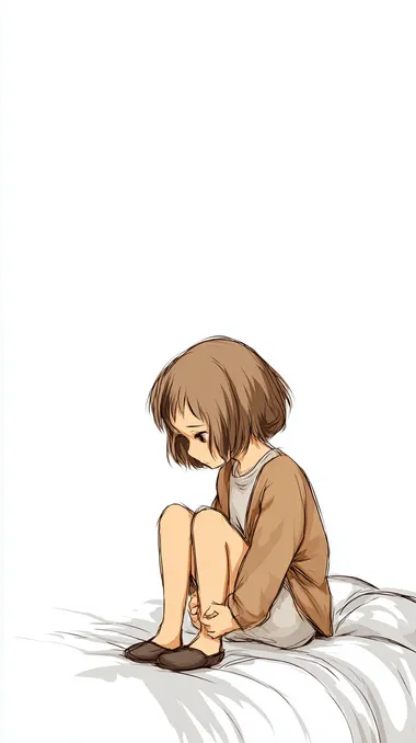 Draw an illustration of someone sitting on the bed with their head down, wearing brown and slippers, in simple strokes.The pure white background . It has a cute anime-style, with a young girl's face in profile, short hair, and hands folded behind her back. She appears to be sad or depressed.  --s 50