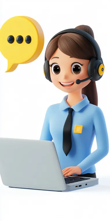 3D cartoon, 3D cartoon woman customer service, 3D character of a woman customer service representative with a laptop and headset, 8K resolution, a chat bot symbol. High-resolution 3D rendering., depicting an Asian female customer service agent wearing a blue shirt and black tie, high detail, high-definition photography, hyper-quality, hyperrealistic, super-realistic, talking to someone in a yellow speech bubble floating above the laptop screen she's working at. The background is a solid white color