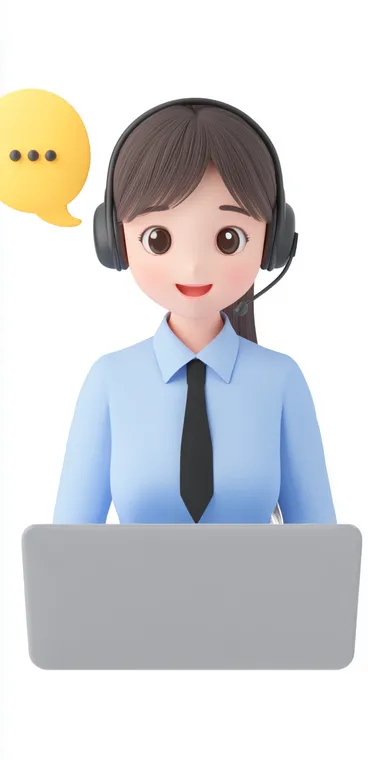 3D cartoon, 3D cartoon woman customer service, 3D character of a woman customer service representative with a laptop and headset, 8K resolution, a chat bot symbol. High-resolution 3D rendering., depicting an Asian female customer service agent wearing a blue shirt and black tie, high detail, high-definition photography, hyper-quality, hyperrealistic, super-realistic, talking to someone in a yellow speech bubble floating above the laptop screen she's working at. The background is a solid white color