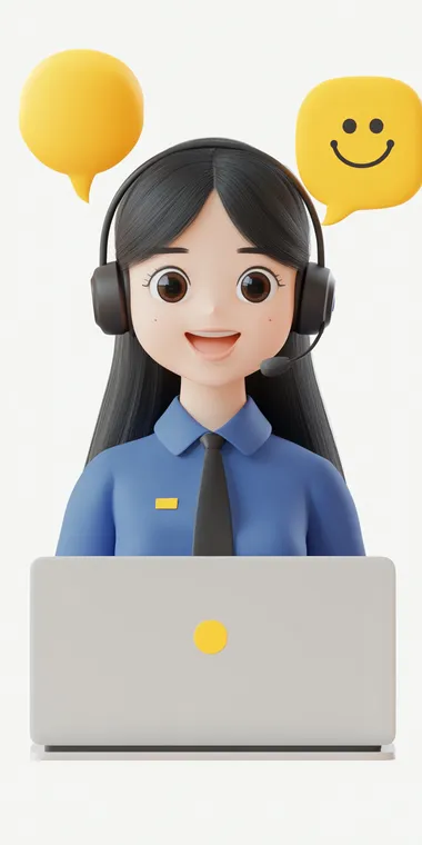 3D cartoon, 3D cartoon woman customer service, 3D character of a woman customer service representative with a laptop and headset, 8K resolution, a chat bot symbol. High-resolution 3D rendering., depicting an Asian female customer service agent wearing a blue shirt and black tie, high detail, high-definition photography, hyper-quality, hyperrealistic, super-realistic, talking to someone in a yellow speech bubble floating above the laptop screen she's working at. The background is a solid white color