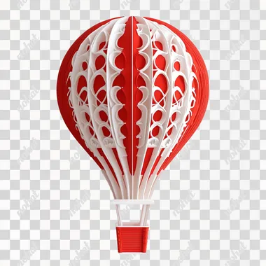 Three dimensional 3D hot air balloon element with bright red basket in red and white. White background.