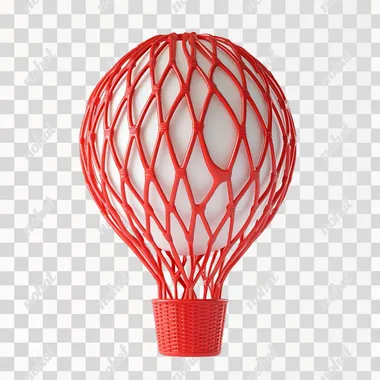Three dimensional 3D hot air balloon element with bright red basket in red and white. White background.