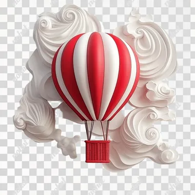Three dimensional 3D hot air balloon element with bright red basket in red and white. White background.