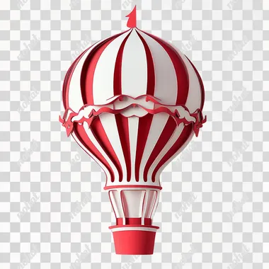 Three dimensional 3D hot air balloon element with bright red basket in red and white. White background.