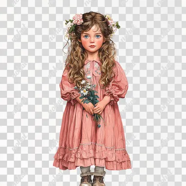 A cute little girl with long hair and blue eyes, wearing a pink dress, full body. Detailed facial features, in the style of a vintage-style illustration, set against a white background. High-resolution, with a detailed face, resembling a vintage children's book cover. Detailed and vibrant