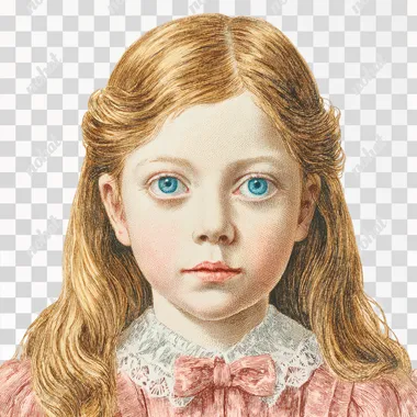 A cute little girl with long hair and blue eyes, wearing a pink dress, full body. Detailed facial features, in the style of a vintage-style illustration, set against a white background. High-resolution, with a detailed face, resembling a vintage children's book cover. Detailed and vibrant