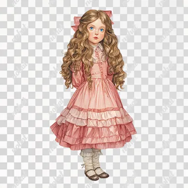 A cute little girl with long hair and blue eyes, wearing a pink dress, full body. Detailed facial features, in the style of a vintage-style illustration, set against a white background. High-resolution, with a detailed face, resembling a vintage children's book cover. Detailed and vibrant
