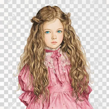 A cute little girl with long hair and blue eyes, wearing a pink dress, full body. Detailed facial features, in the style of a vintage-style illustration, set against a white background. High-resolution, with a detailed face, resembling a vintage children's book cover. Detailed and vibrant