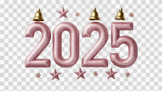 glittering "2025" with Christmas stars and bells, clean whit
