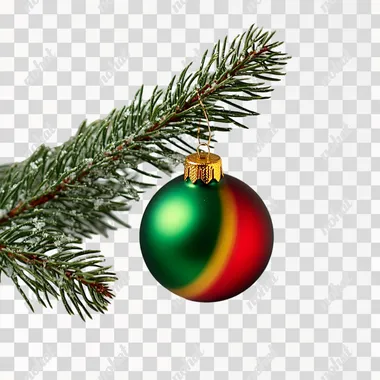 A decorative green Christmas branch with a red, green and yellow bauble on a white background