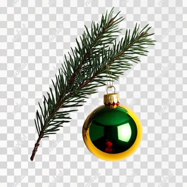A decorative green Christmas branch with a red, green and yellow bauble on a white background
