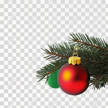 A decorative green Christmas branch with a red, green and yellow bauble on a white background