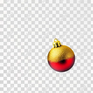 A decorative green Christmas branch with a red, green and yellow bauble on a white background