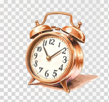 Vintage style, highly detailed, rose gold metal cartoon alarm clock with hands set to 9 o'clock white background in the style of modernist illustrations clipart design studio stock illustration, isolated on all White Background, watercolor, hyper realistic, hyper-detailed