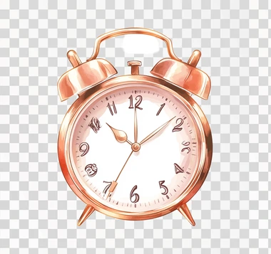 Vintage style, highly detailed, rose gold metal cartoon alarm clock with hands set to 9 o'clock white background in the style of modernist illustrations clipart design studio stock illustration, isolated on all White Background, watercolor, hyper realistic, hyper-detailed