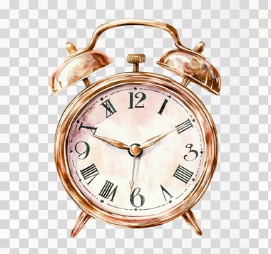 Vintage style, highly detailed, rose gold metal cartoon alarm clock with hands set to 9 o'clock white background in the style of modernist illustrations clipart design studio stock illustration, isolated on all White Background, watercolor, hyper realistic, hyper-detailed