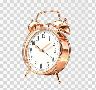 Vintage style, highly detailed, rose gold metal cartoon alarm clock with hands set to 9 o'clock white background in the style of modernist illustrations clipart design studio stock illustration, isolated on all White Background, watercolor, hyper realistic, hyper-detailed