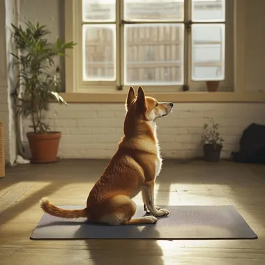 imagine a real dog doing yoga in a bright studio. It is on a yoga mat doing yoga poses. The pose is known as the warrior 2 position. The point of view we are seeing is from the side. Shot with sony A7iii