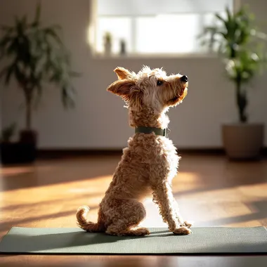 imagine a real dog doing yoga in a bright studio. It is on a yoga mat doing yoga poses. The pose is known as the warrior 2 position. The point of view we are seeing is from the side. Shot with sony A7iii