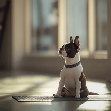 imagine a real dog doing yoga in a bright studio. It is on a yoga mat doing yoga poses. The pose is known as the warrior 2 position. The point of view we are seeing is from the side. Shot with sony A7iii