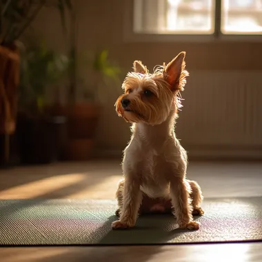 imagine a real dog doing yoga in a bright studio. It is on a yoga mat doing yoga poses. The pose is known as the warrior 2 position. The point of view we are seeing is from the side. Shot with sony A7iii